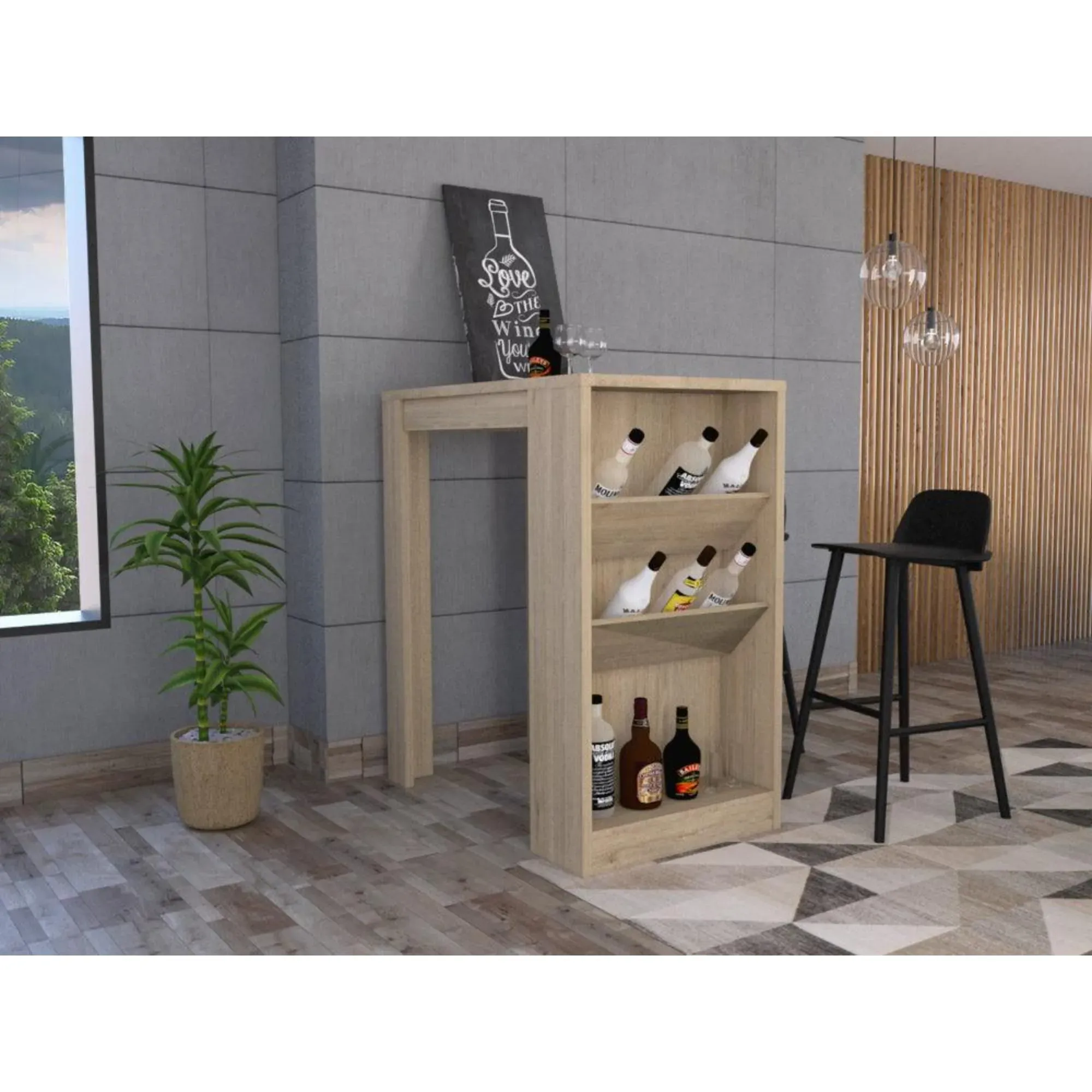 Mesa De Bar Celeste, Beige, Con Tres Estantes Para Botellas