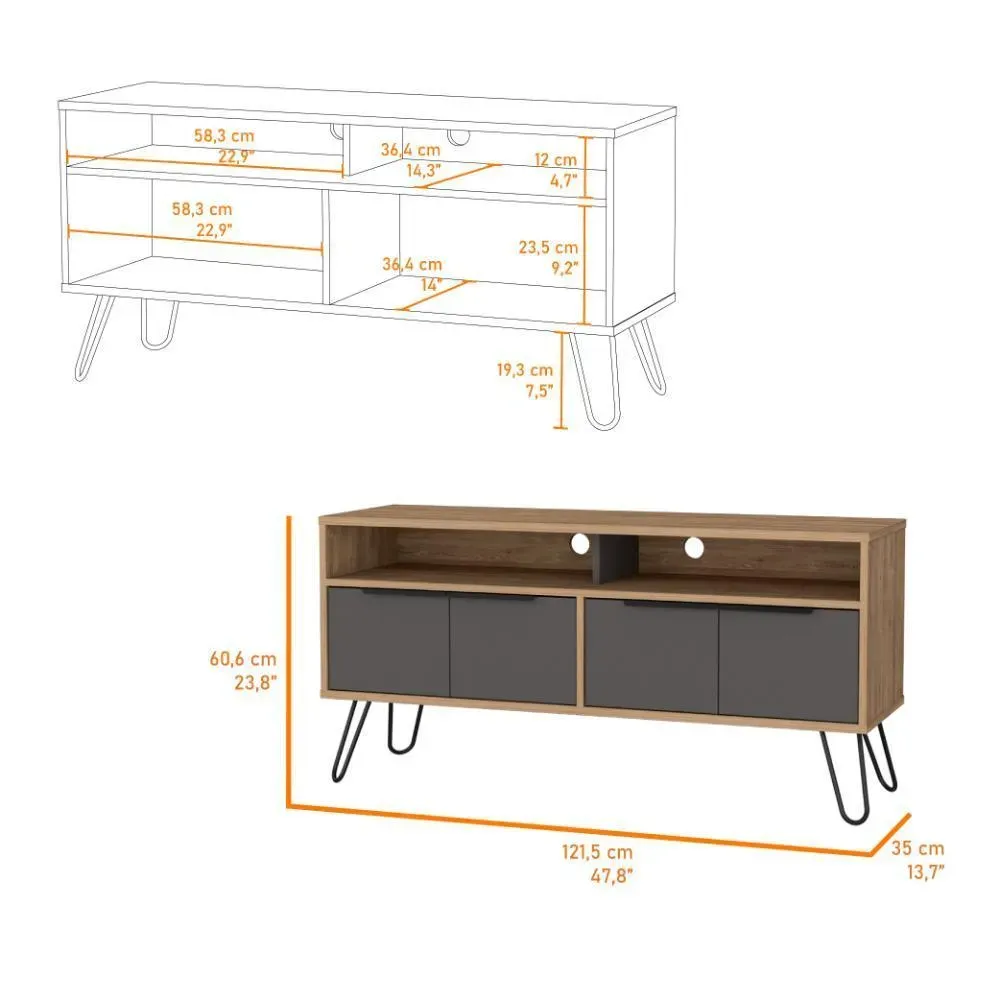 Mesa Para Tv Vany, Miel Y Plata Oscuro, Con Cuatro Puertas Y Patas Metálicas ZF