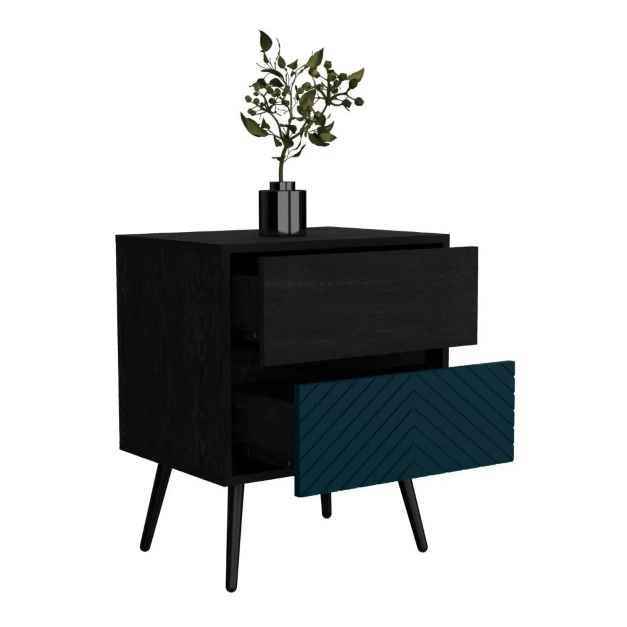 Mesa De Noche Lutso, Negro y Azul, Con Patas De Madera