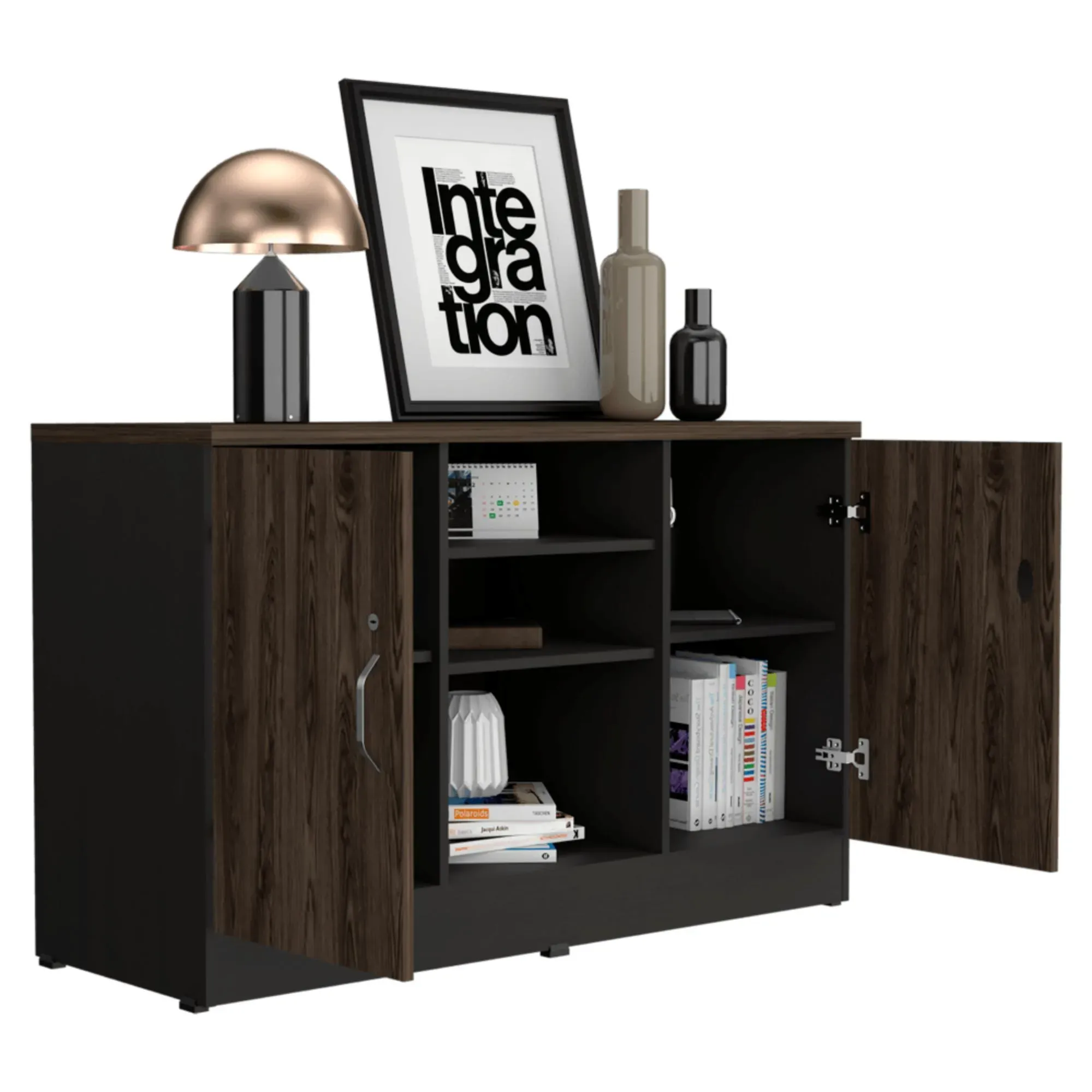 Mueble Auxiliar Recibidor Concept, Negro Soft y Chocolate, Con Dos Puertas Batientes