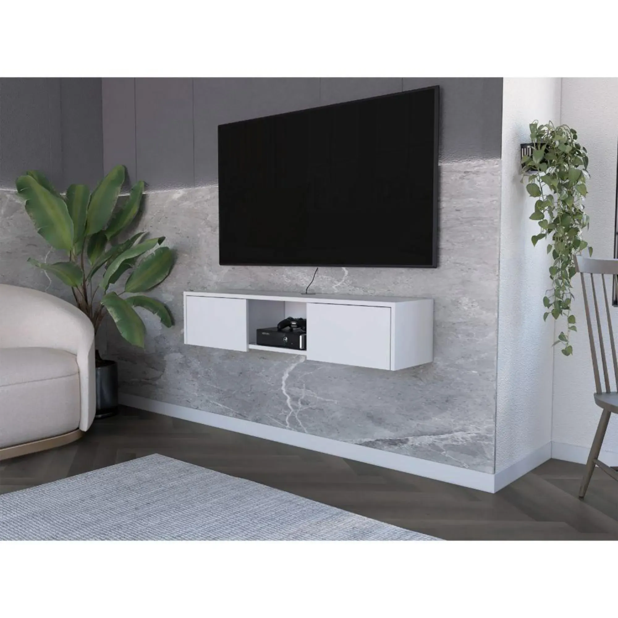 Mesa Para Tv Flotante Gleid, Blanco, Con Dos Puertas Abatibles