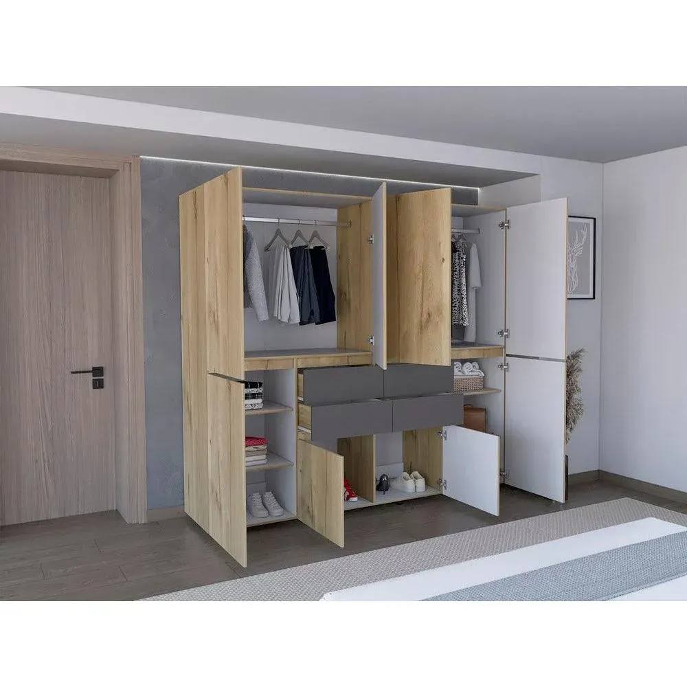 Closet Siruela, Café Claro y Blanco, con Cuatro Cajones, Ocho Puertas y Gran Capacidad de Almacenamiento