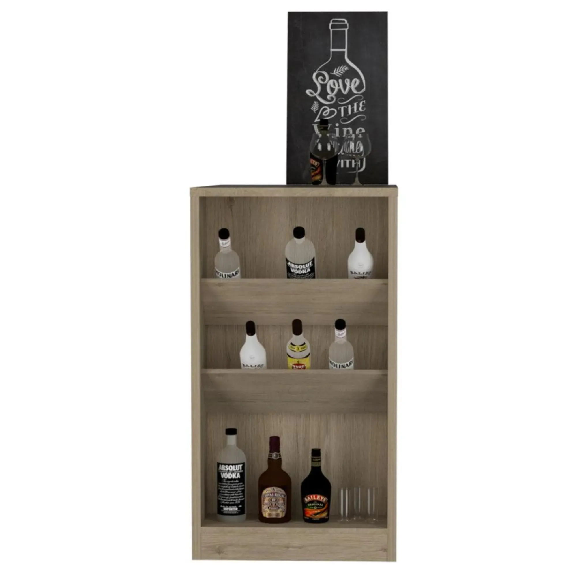 Mesa De Bar Celeste, Beige, Con Tres Estantes Para Botellas