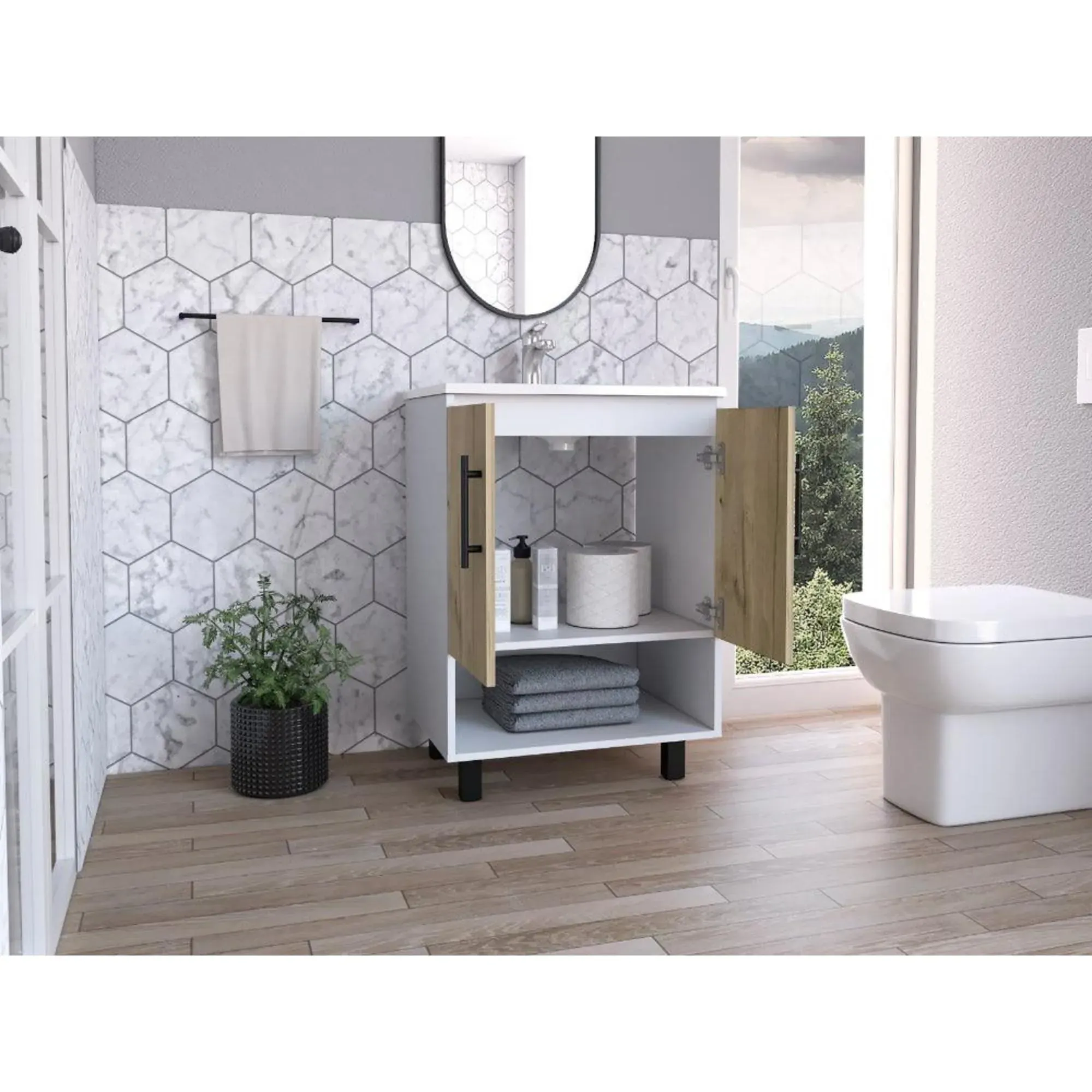 Mueble para Lavamanos Aqua, Blanco Duqueza y Café Claro, con 2 puertas y entrepaño 