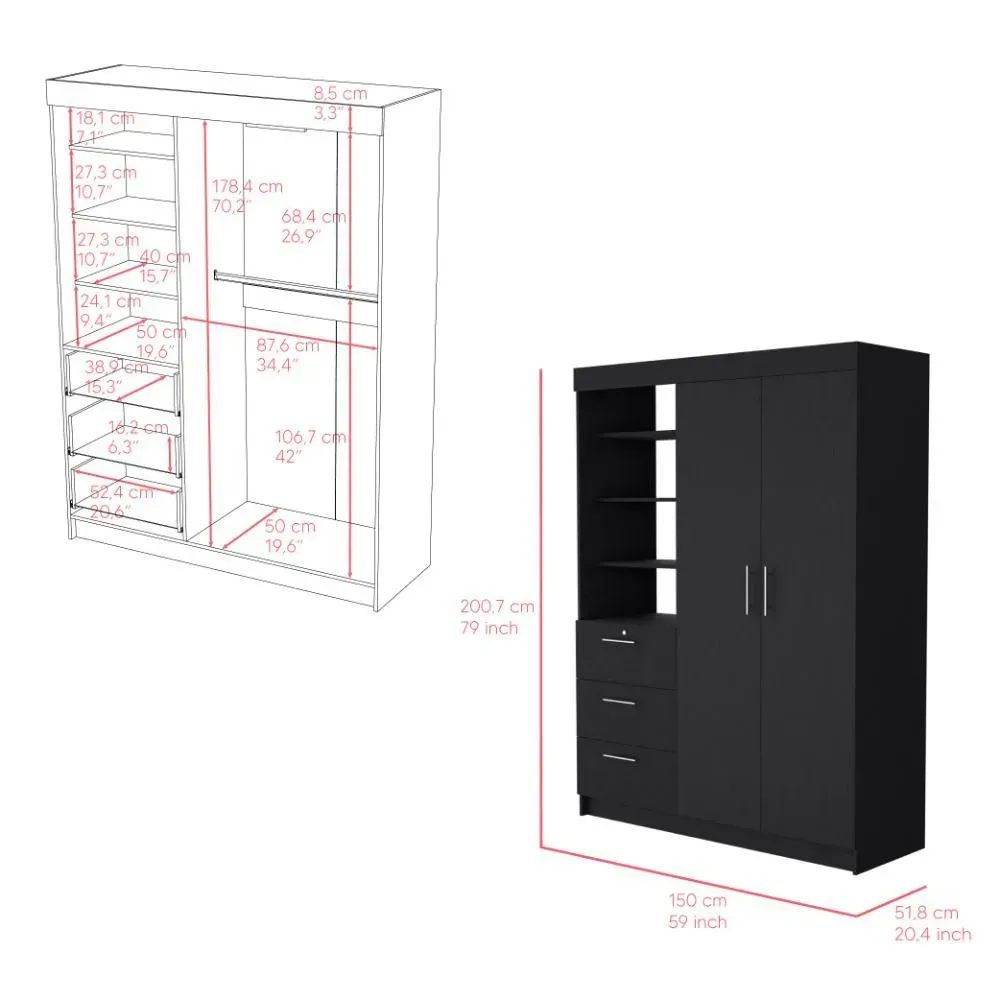 Closet Pekín, Wengue, Con Dos Puertas Abatibles Y Tres Cajones Organizadores ZF