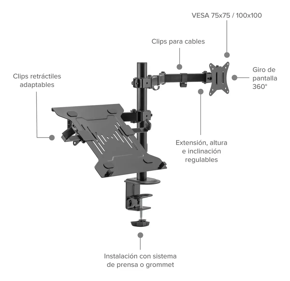 Soporte Para Tv Brazo 345 Soporte Doble Para 1 PC Portátil y 1 Monitor Color Negro