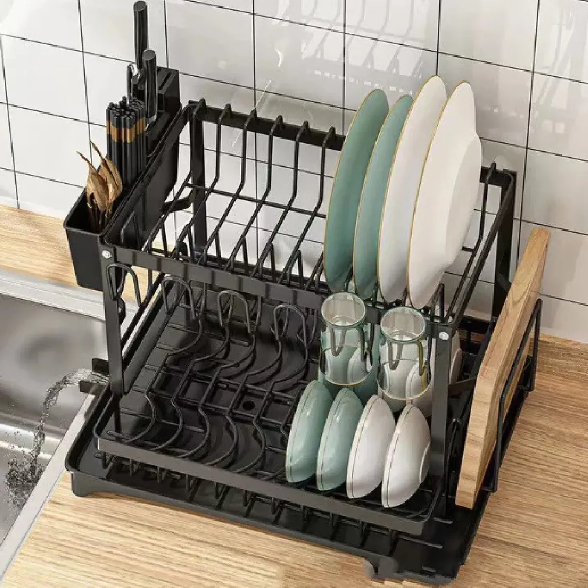 Escurridor De Platos Metálico 2 Niveles Acero Inoxidable Encimera De Cocina Utensilios