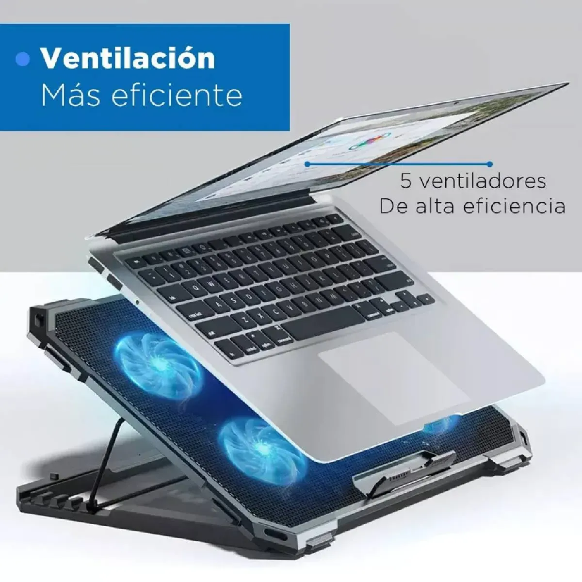 Ventilador Notebook MacBook 5 Hélices Reclinable Pc Import Color Negro Led Azul