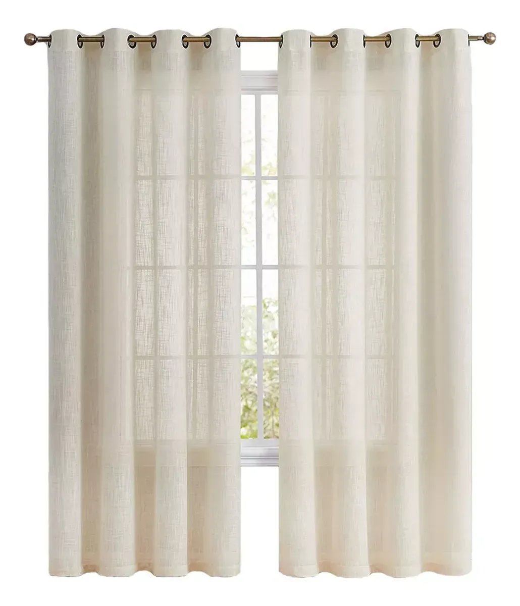 Cortina Visillo Velo Set De 2 Paños 135x220cm C/u Textura Lino Color Beige