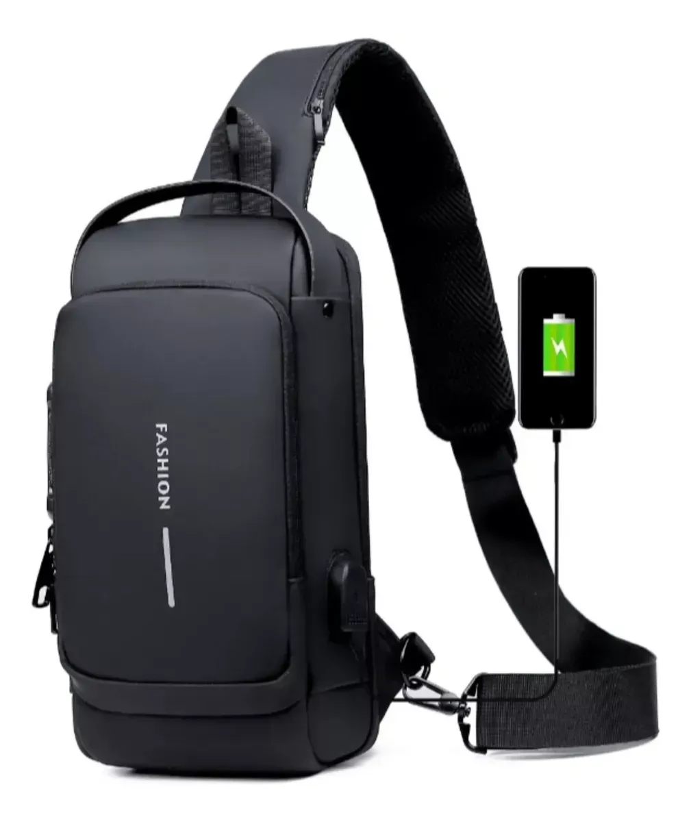 Bolso Bandolera Para Hombre, Mochila Usb Pequeña Color Negro