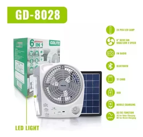 Ventilador Recargable Multifuncional Con Panel Solar Gd-8028