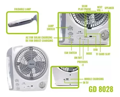 Ventilador Recargable Multifuncional Con Panel Solar Gd-8028