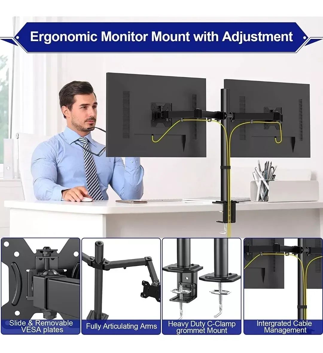 Brazo Soporte Doble Para 2 Monitores One Pixel Base Escritorio