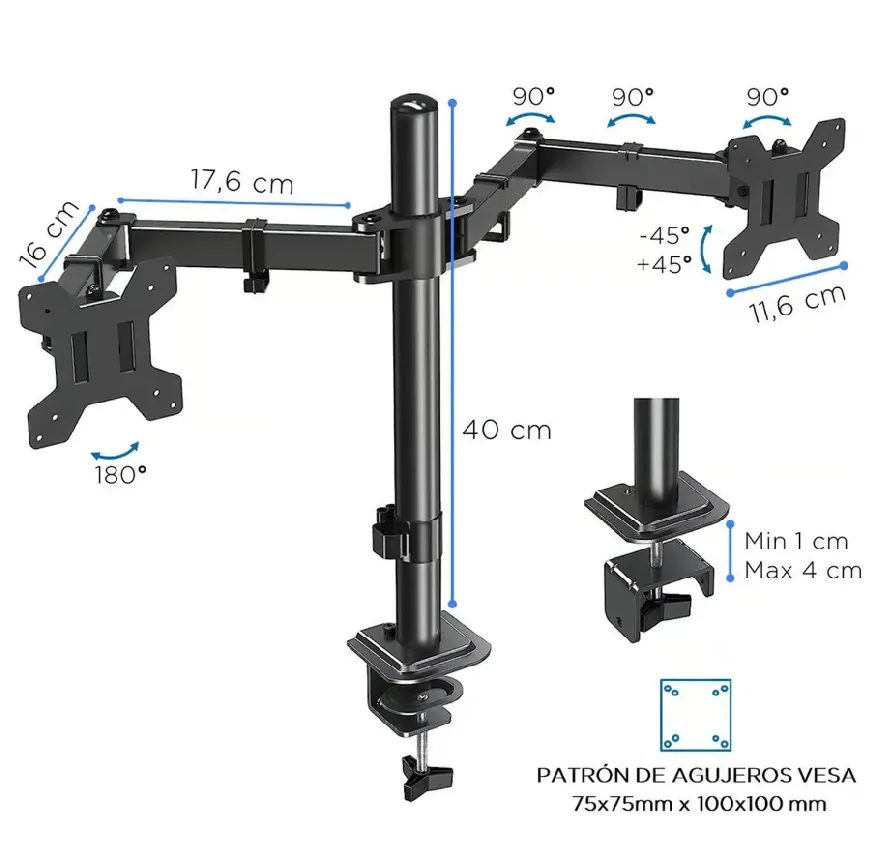 Brazo Soporte Doble Para 2 Monitores One Pixel Base Escritorio