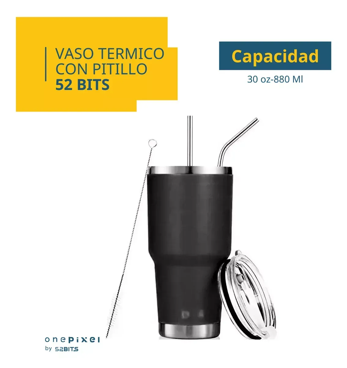 Vaso Térmico 52 Bits De 30 Onzas 880 Ml Con Tapa Vaso Liso Y Pitillo Color Negro