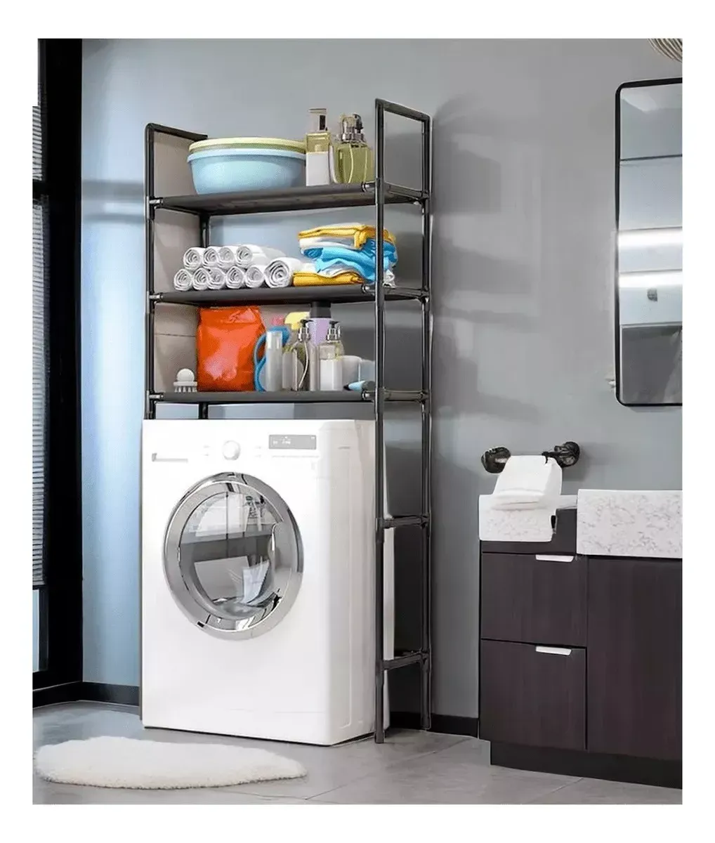 Mueble Organizador De Baño Lavadora Rack 3 Niveles Color Negro