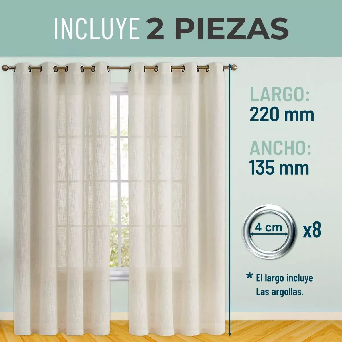 Cortina Visillo Velo Set De 2 Paños 135x220cm C/u Textura Lino Color Beige