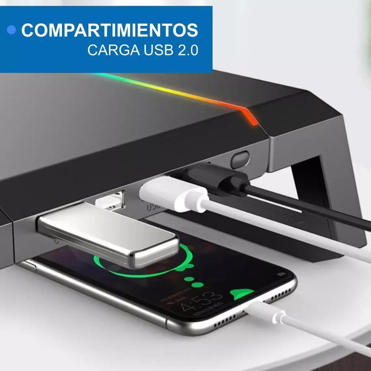 Soporte Monitor Rgb Organizador Escritorio Puerto Usb