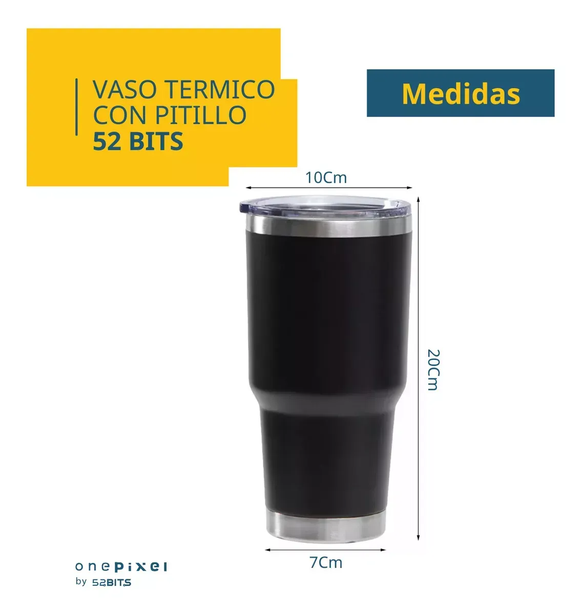 Vaso Térmico 52 Bits De 30 Onzas 880 Ml Con Tapa Vaso Liso Y Pitillo Color Negro