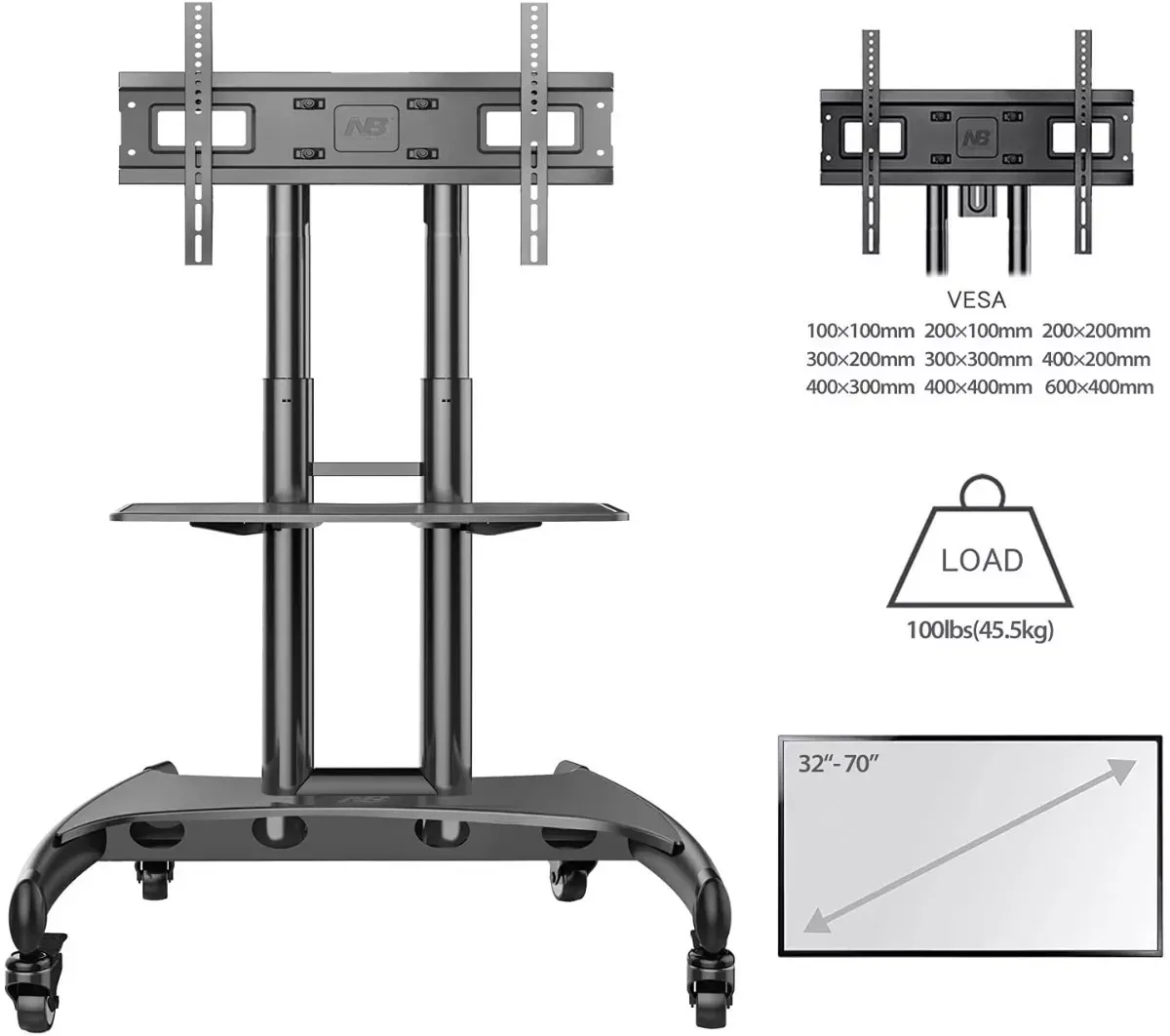 Soporte Tv Movil De Piso Nb North Bayou Ava 1500 32 A 65 Color Negro