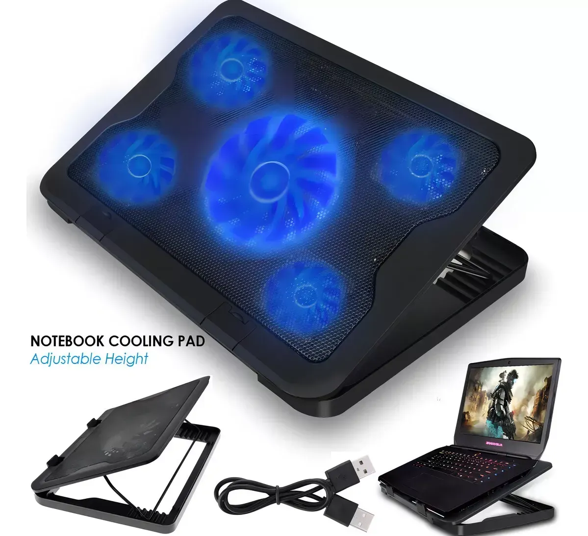 Ventilador Notebook MacBook 5 Hélices Reclinable Pc Import Color Negro Led Azul