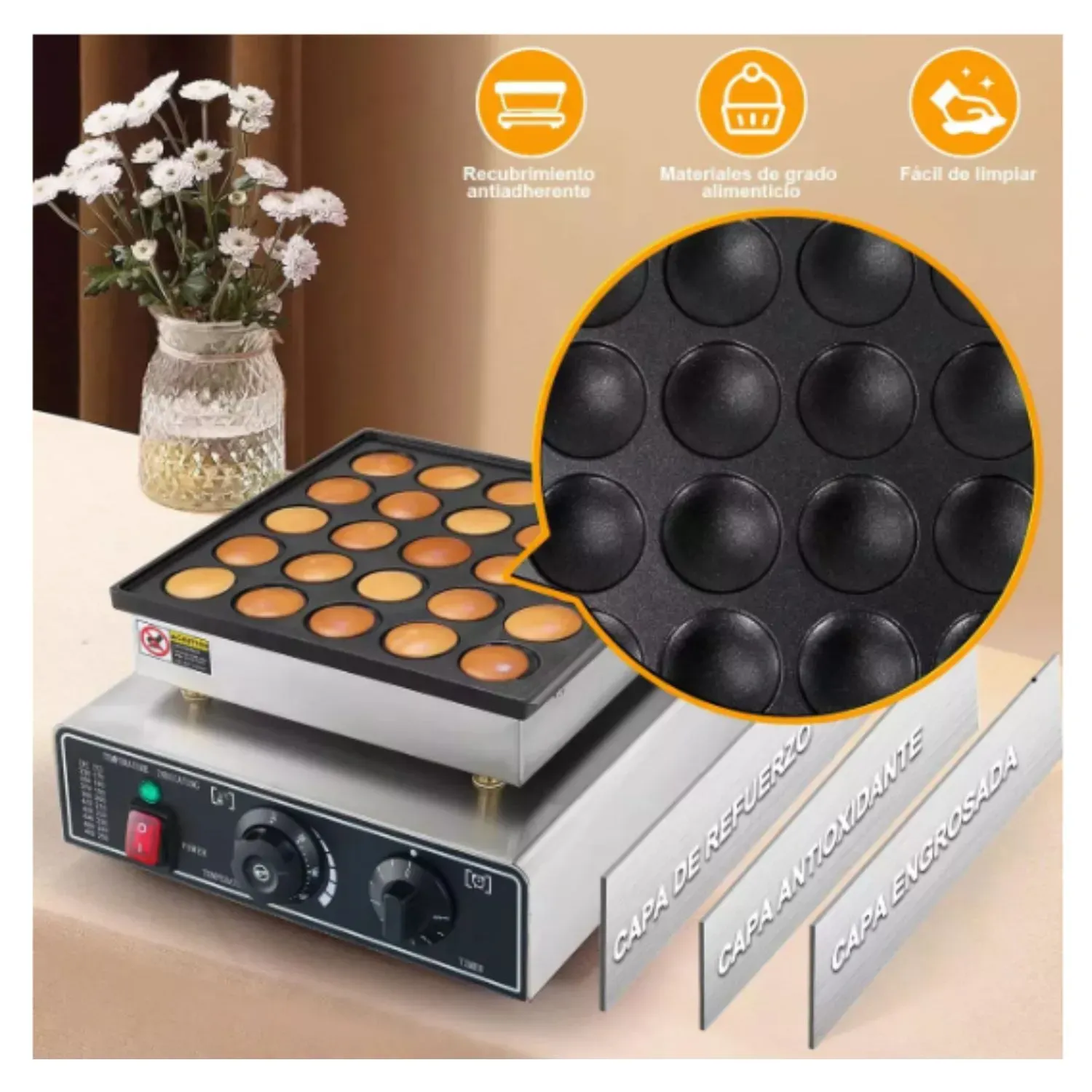 Máquina para Hotcakes 950W con Bandejas Antiadherentes 25 Pz