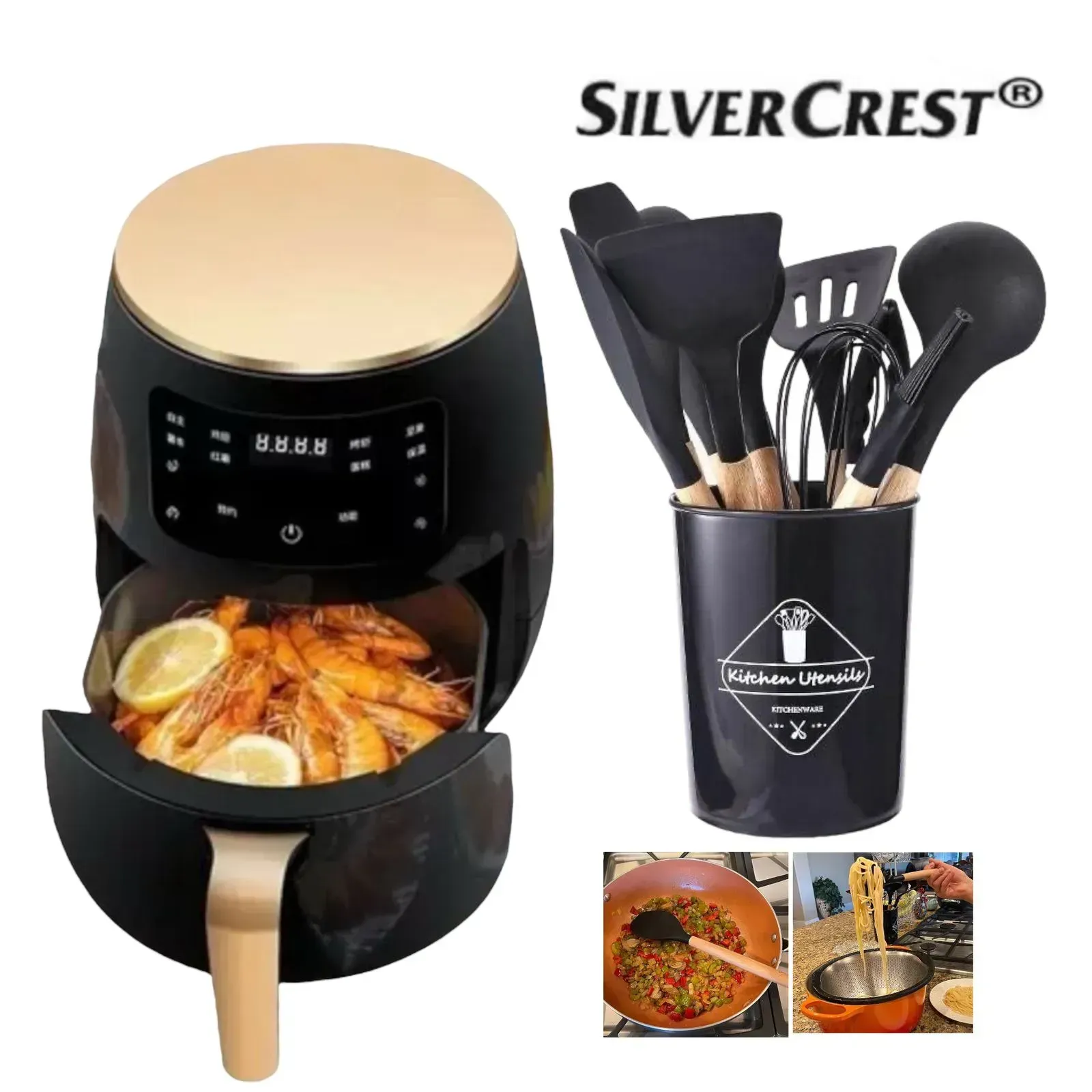 Freidora De Aire Air Fryer Silver 6L Pantalla Digital + Juego De Utensilios De Cocina