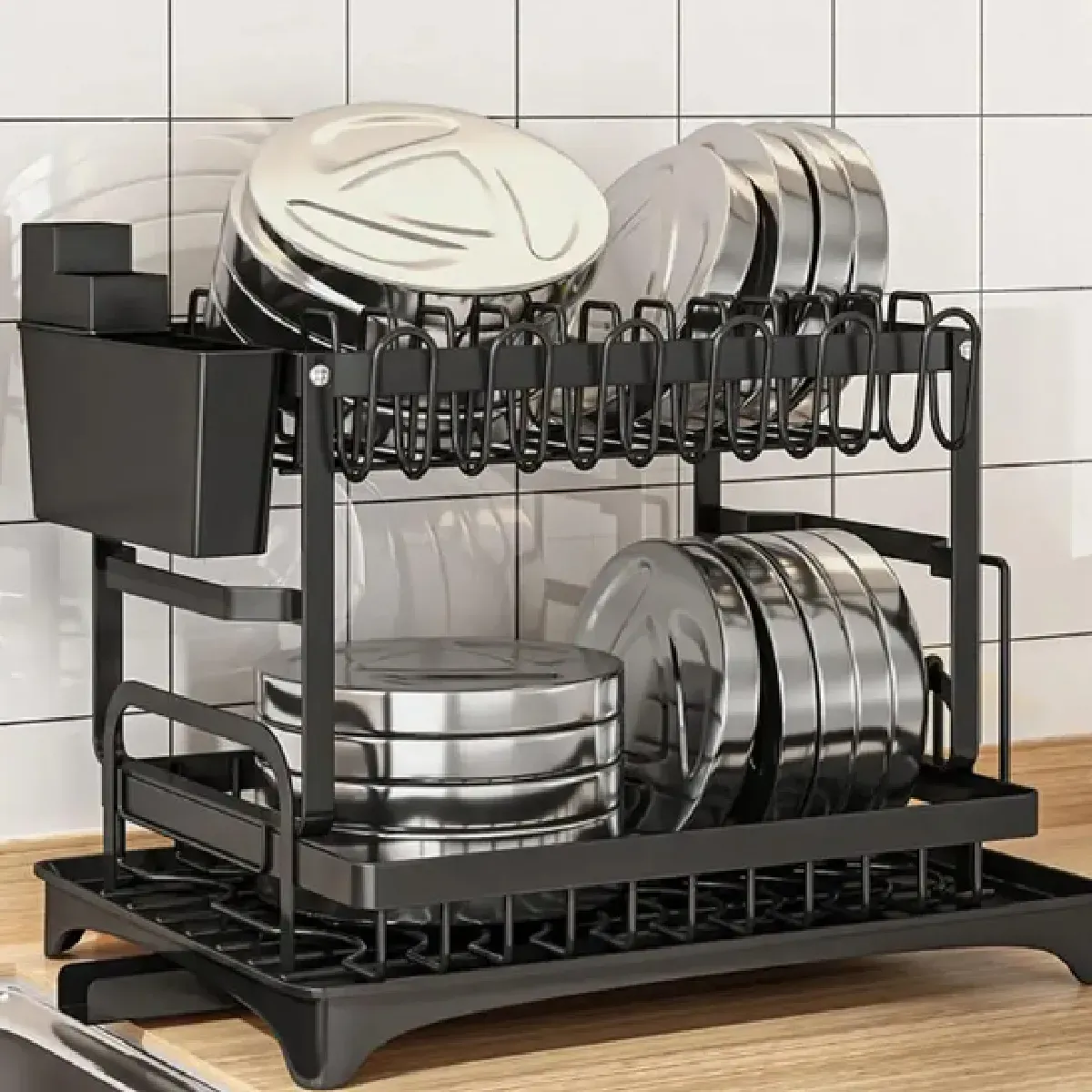 Escurridor De Platos Metálico 2 Niveles Acero Inoxidable Encimera De Cocina Utensilios