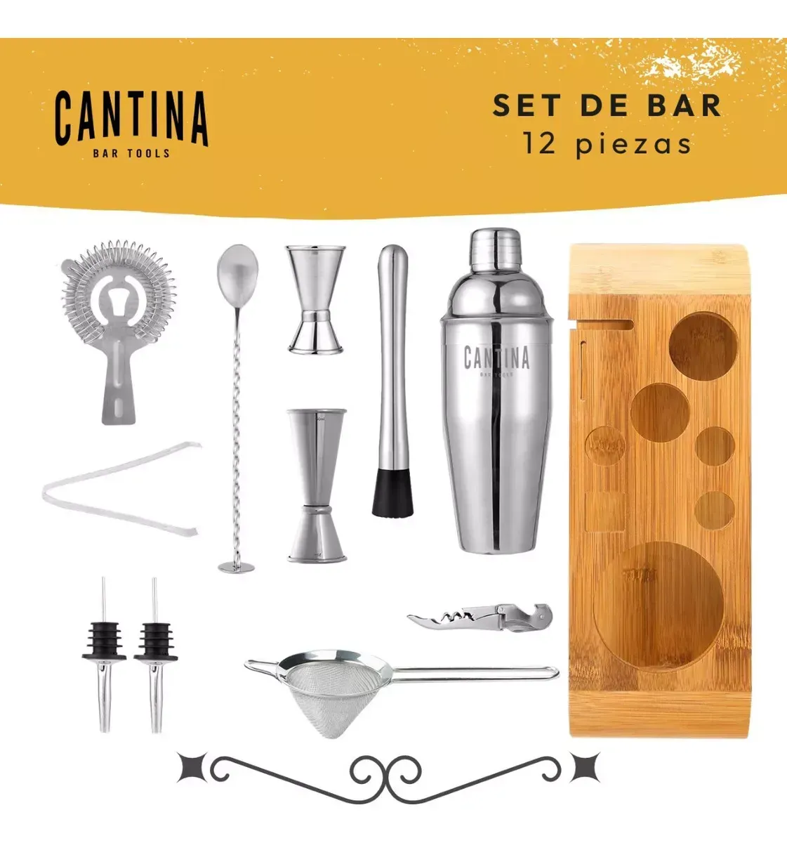 Bartender Coctelera Set Utensilios Bar Inoxidable 12 Piezas Color Bambú Natural