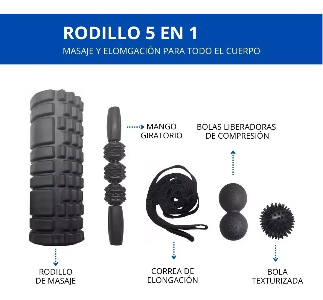 Rodillo Roller Masajeador Set 5 En 1 Ejercicio Yoga Pilates Color Negro