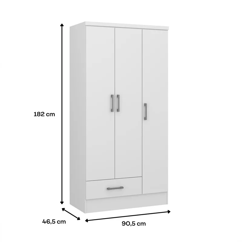 Closet Armario 90Cm 3 Puertas 1 Gaveta En Mdp Blanco