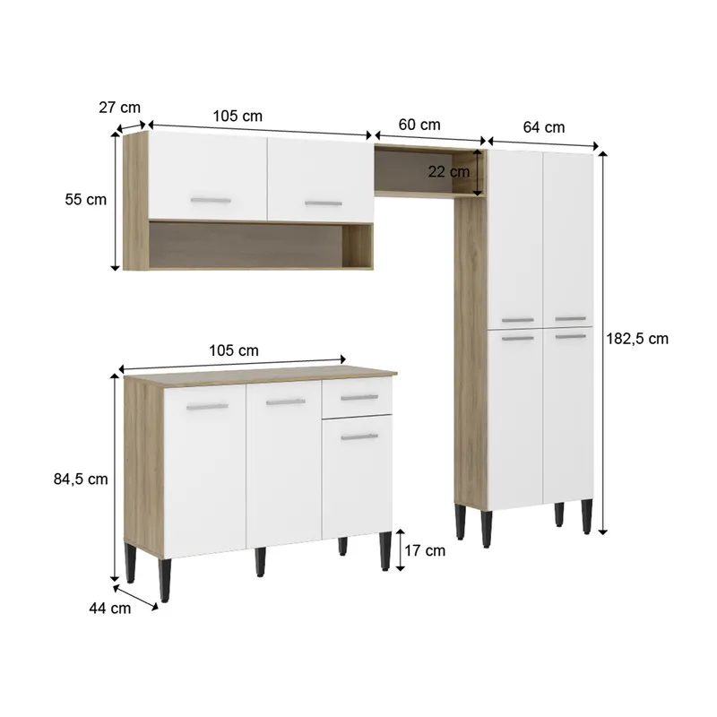 Cocina Integral En Mdp 230Cm Con Meson En Mdp 9 Puertas Roble Y Blanco