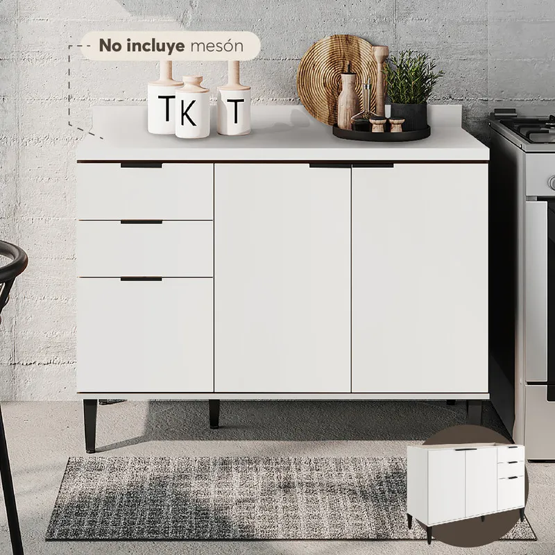 Mueble Inferior De Cocina 120 Cm En Mdp Sin Mesón Blanco