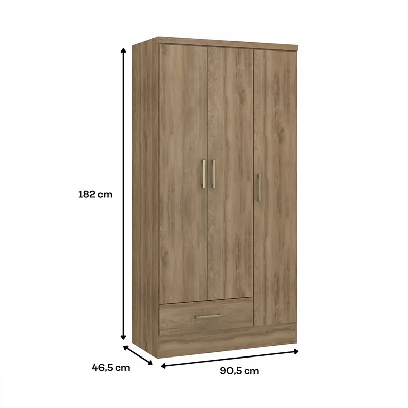 Closet Armario 90Cm 3 Puertas 1 Gaveta En Mdp Noce Lino