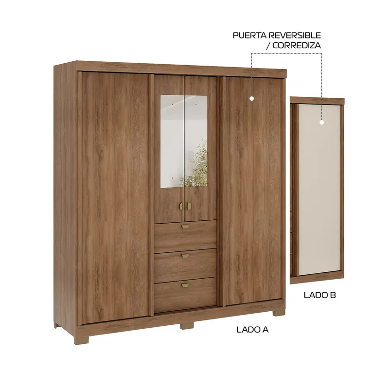 Closet Armario 180Cm 4 Puertas 3 Cajones En Mdp Freijo Con Beige