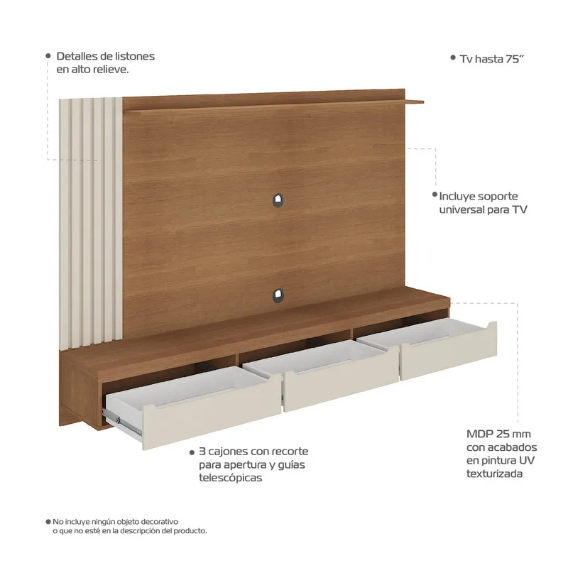 Mueble Para Tv 75" En Mpd 200Cm Incluye Soporte Cerezo Con Blanco