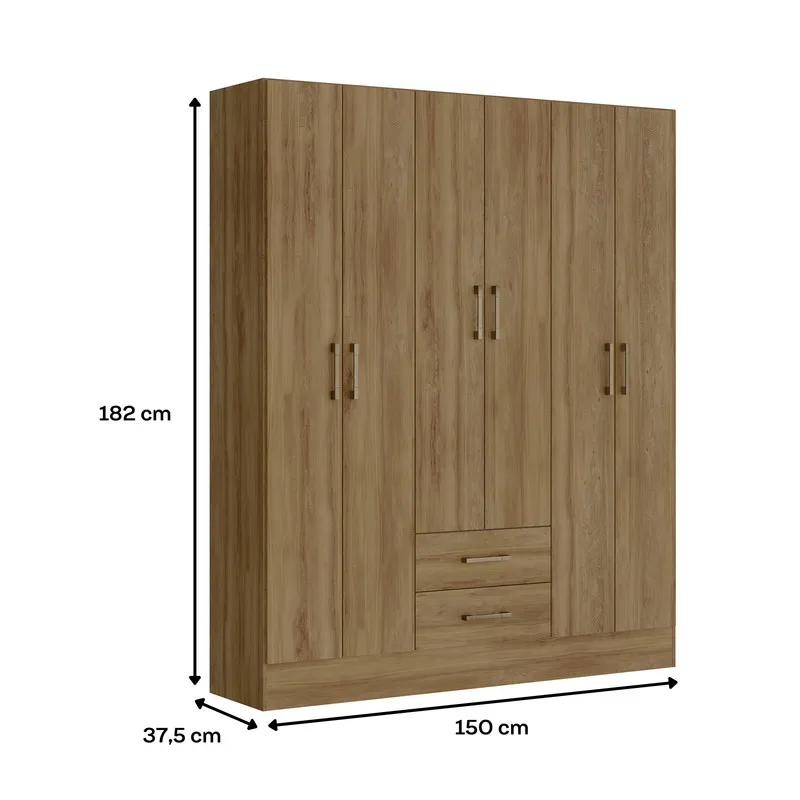 Closet Armario En Mdp 150X182Cm 6 Puertas 2 Cajones Noce