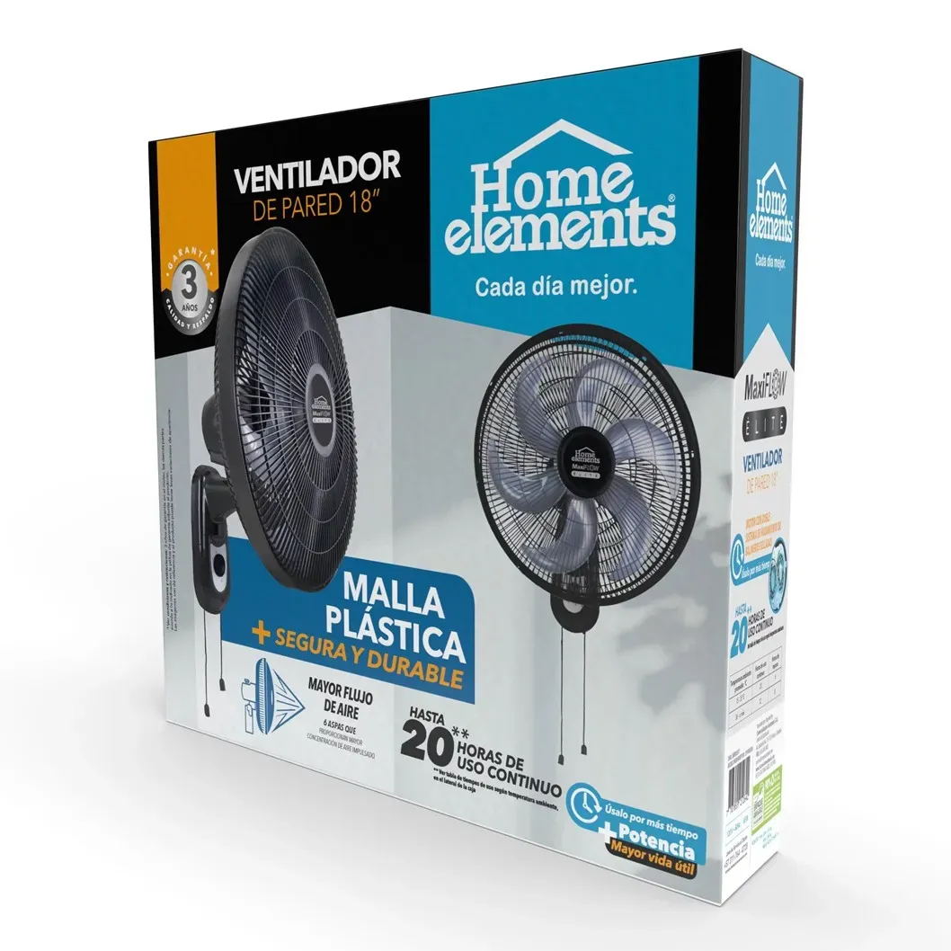 Ventilador Pared Negro 18P Maxiflow Elite Malla Plástica Home Elements