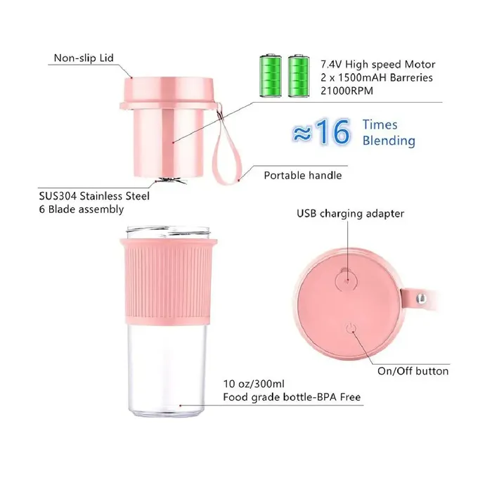 Licuadora Portátil Vaso Jugo Personal Mezclador Eléctrico Batidos Color Rosado