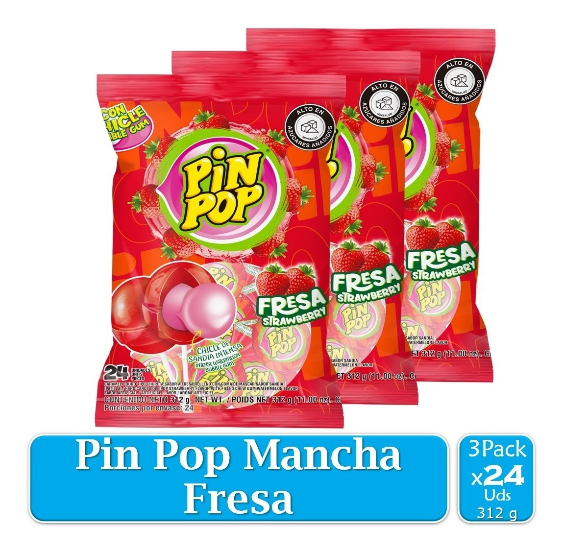 Chupete Pin Pop Fresa 3 Paquetes X24 Uds