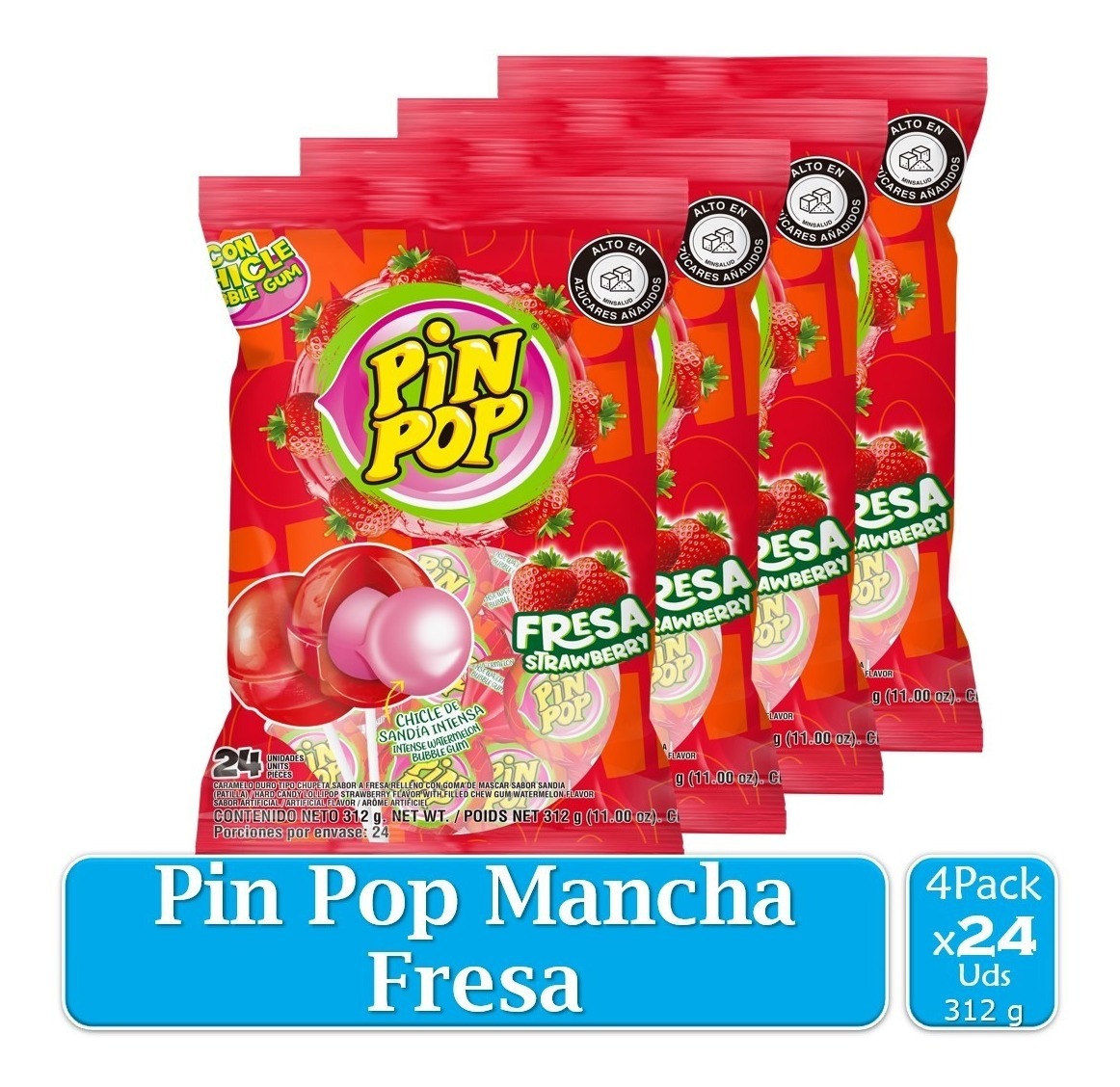 Chupete Pin Pop Fresa 4 Paquetes X24 Uds