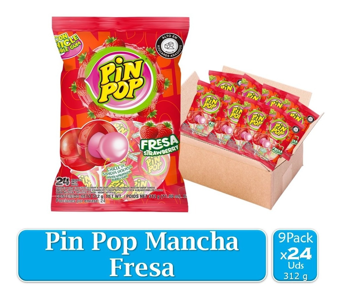Chupete Pin Pop Fresa 9 Paquetes X24 Uds