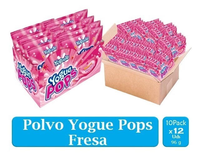 Dulce En Polvo  YoguePops Fresa 96g 10 Cajitas X 12 Uds