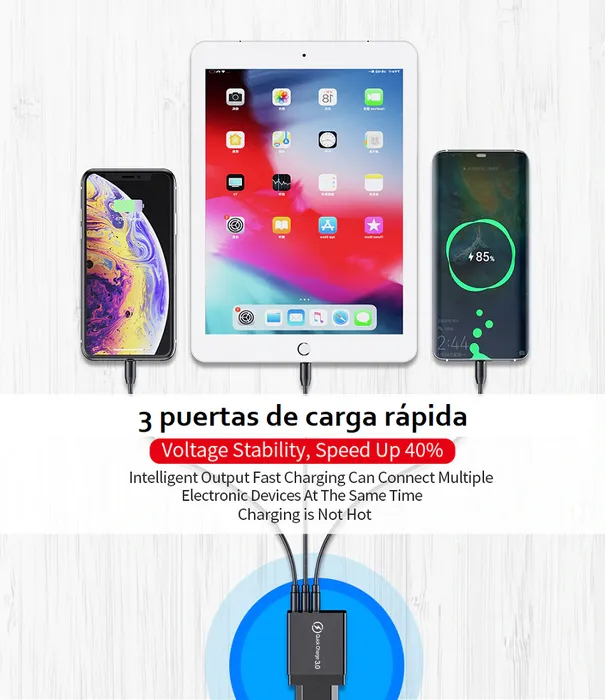 Cargador Enchufe Celular 3 Puertos Usb Carga Rápida Digital Negro