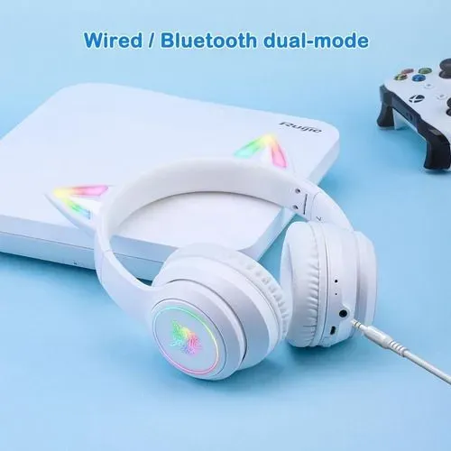 Diadema Gamer Onikuma B90 Diseño De Gato Inalámbricos Blanca Con Luz Led RGB