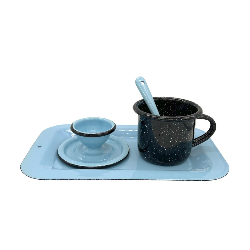 Set Bandeja Pocillo Cuchara Portahuevo Peltre Esmaltado Azul