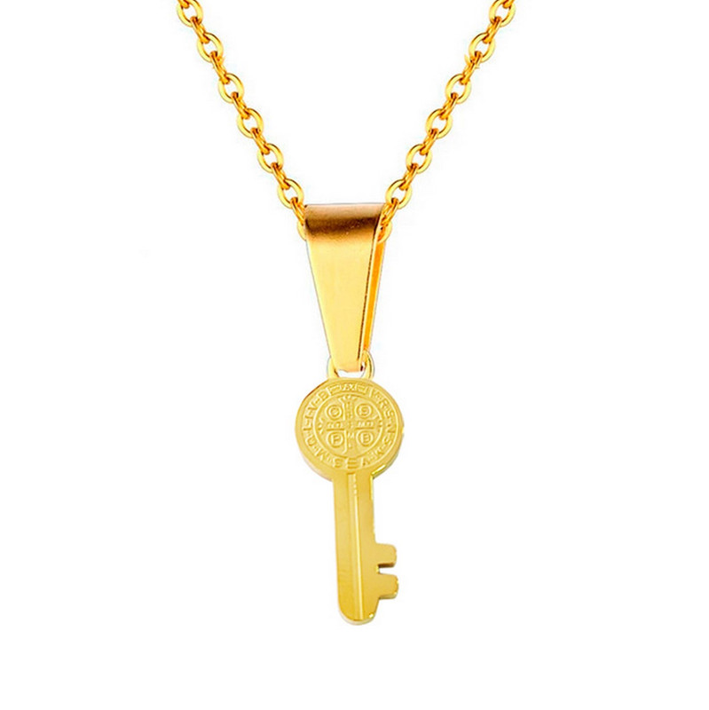 Collar Llave Medalla San Benito Dorado Acero Inoxidable + Estuche