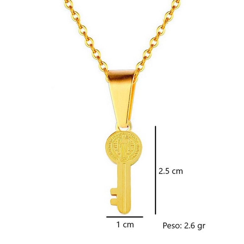 Collar Llave Medalla San Benito Dorado Acero Inoxidable + Estuche