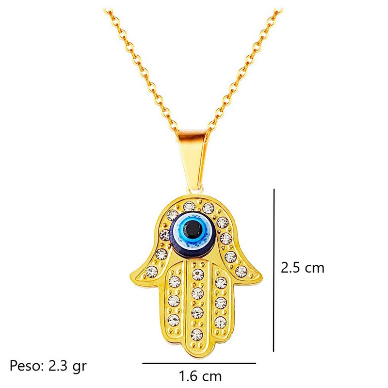 Collar Mano Jamsa Fatima Ojo Turco Acero Inoxidable Dorado + Estuche