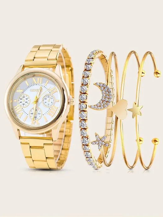 Reloj De Cuarzo Con Correa De Acero Dorado Para Mujer Conjunto De pulsera De Diamantes 5 Piezas